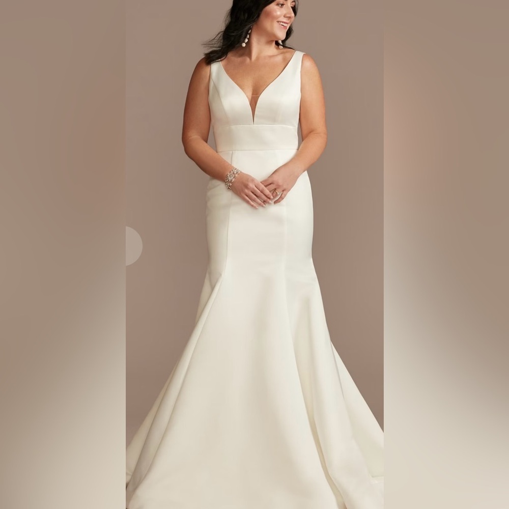 Plunge Mermaid Buttoned Satin Wedding Dress, with belt and trumpetslip, size 14